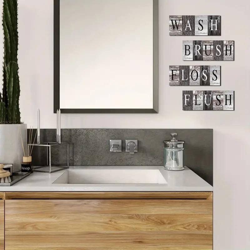 Wooden Letter Pattern Wall Hanging Sign, 4 Counts/set Retro Wooden Wash Brush Floss Flush Letter Wall Art, Wall Decor for Home Living Room Bedroom Hotel, Vintage Plaque Decor
