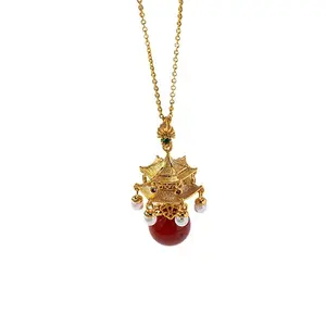 Women's Vintage New Chinese Hollow Out Pavilion Fish Hook Earrings Red Agate & Shell Pearl Dangle Earrings for Hanfu Qipao & Daily Wear