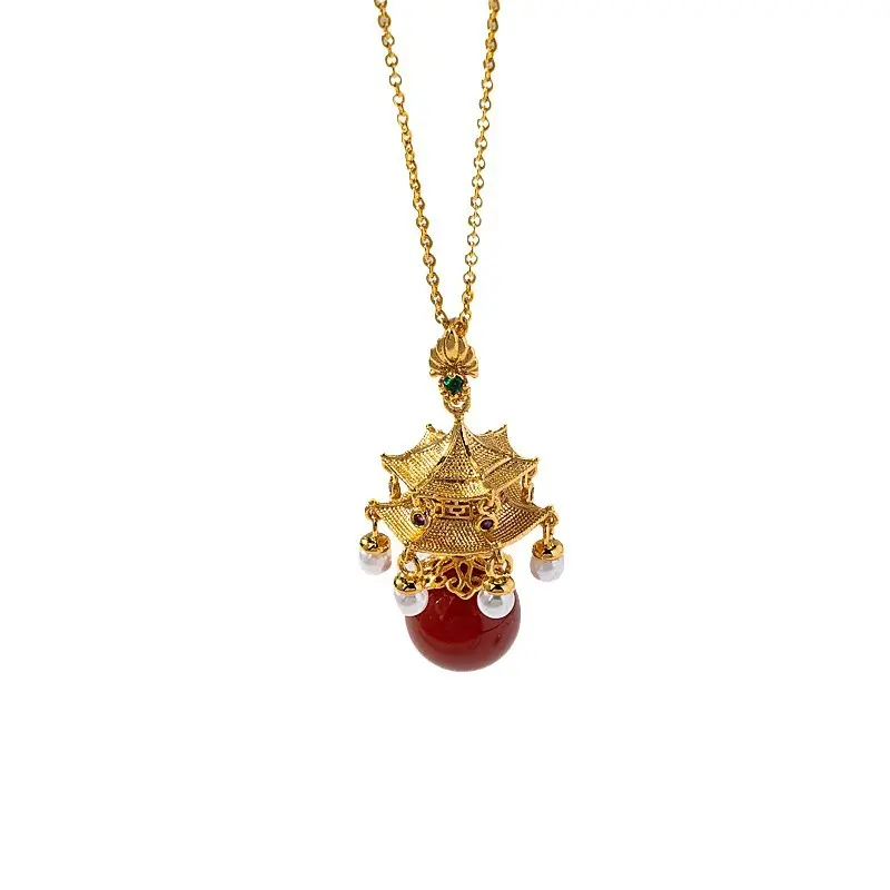 Women's Vintage New Chinese Hollow Out Pavilion Fish Hook Earrings Red Agate & Shell Pearl Dangle Earrings for Hanfu Qipao & Daily Wear