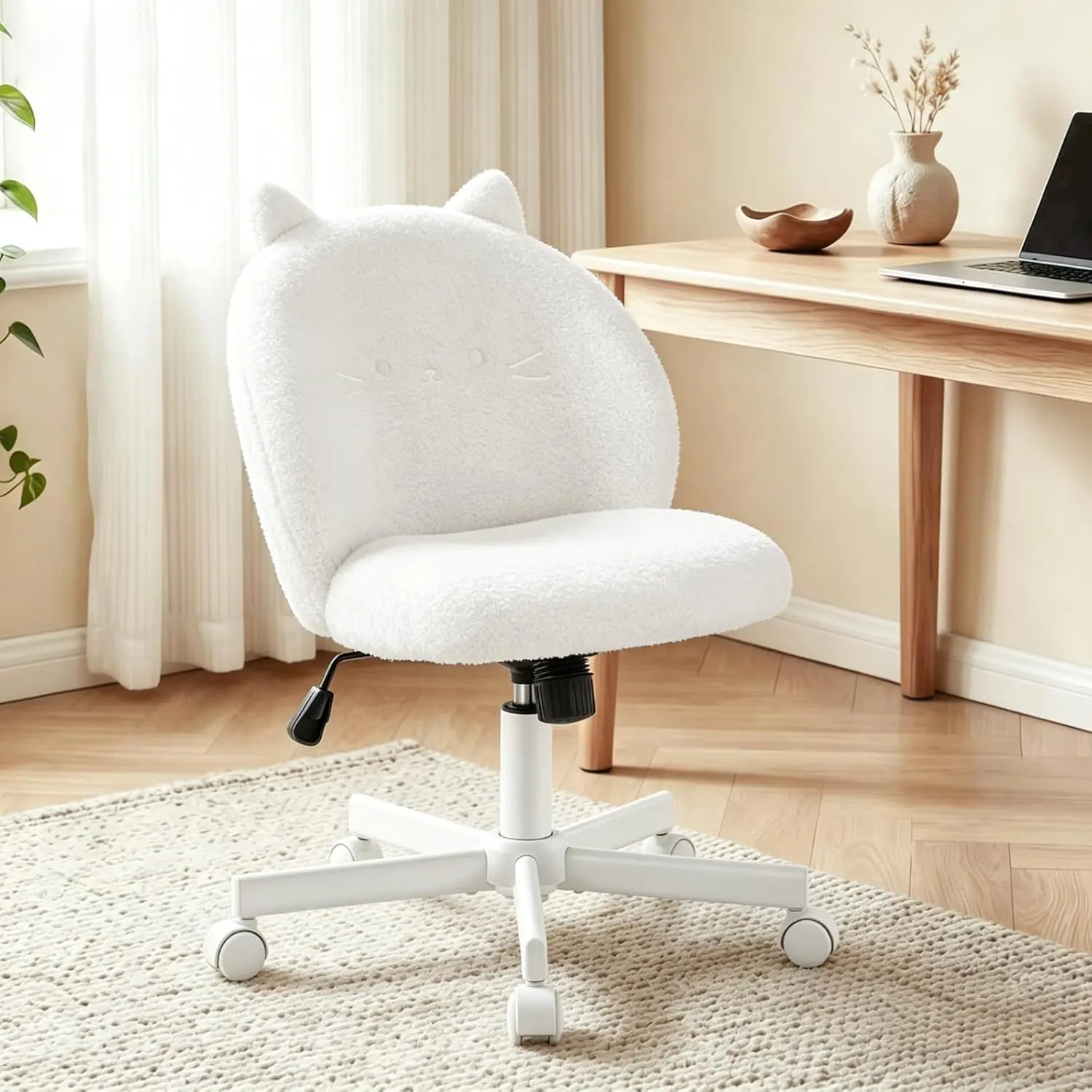 Vanity Chair with Cat Back,Armless Small Office Desk Chair,White | Teddy Fabric,120°Tilting,Rolling,Swivel,Adjustable Height,Cute Plush Computer Chair for Vanity,Kids Room,Office,Bedroom