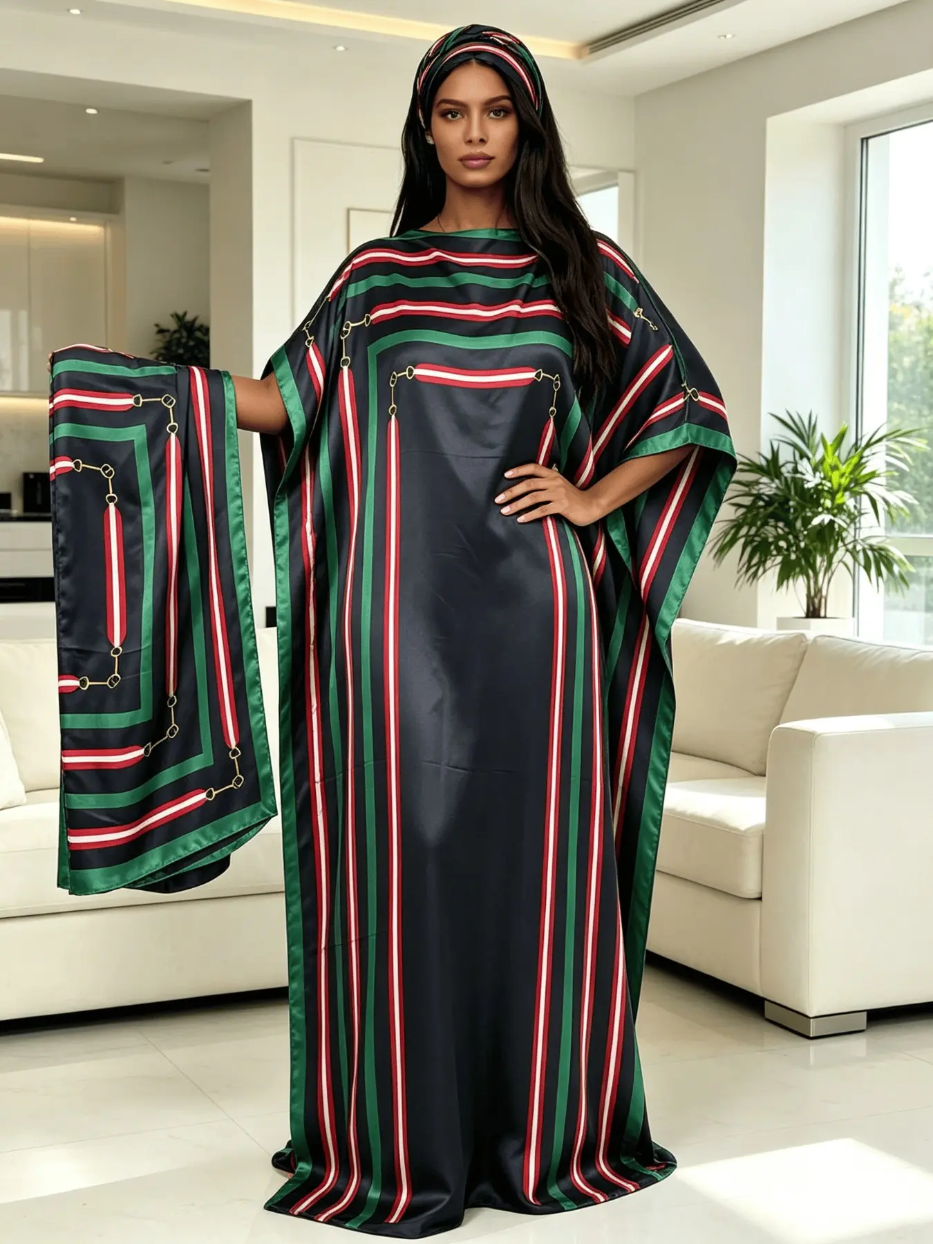 Women's Black Red Green Vertical Stripe Maxi Kaftan Style Dress with Matching Headscarf 2 Piece Set, Silky Satin Loose Batwing Beach Cover Up, Plus Size Loungewear Nightgown Pajama for Resort Pool Home Sleepwear