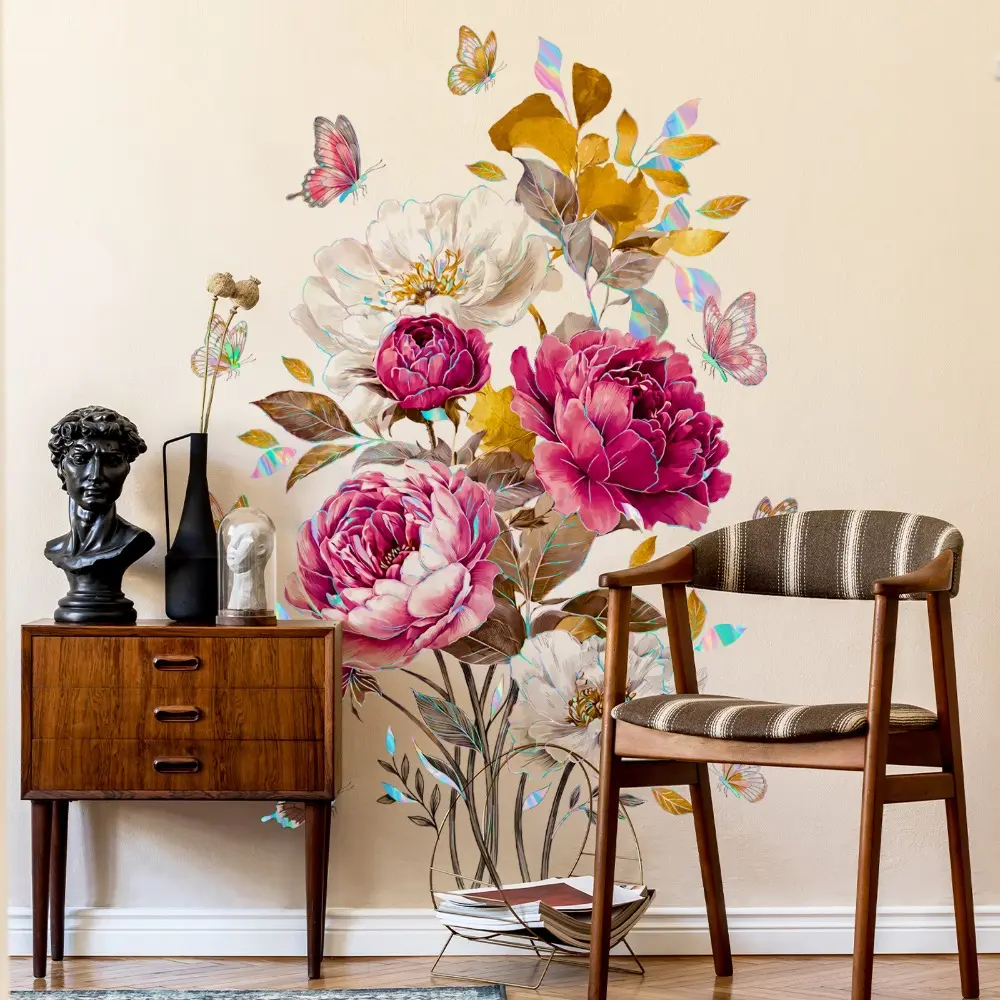 2Pcs Set (3090cm2pcs) Laser Iridescent Border Watercolor Peony Self-Adhesive Wall Stickers, Large Luxury Floral Decals for Bedside, Entrance & Sofa Background Wall Home Decor