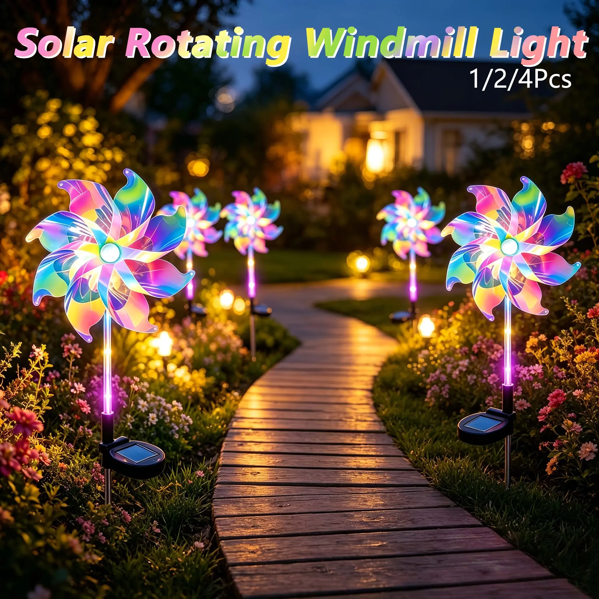 1/2/4pcs Solar-powered Rotating Windmill Garden Light, Holographic Rainbow Solar Pinwheel Lights, Solar Wind Turbine Lamps, Backyard Solar Lights, Outdoor Decorative Pathway Light, Wind-rotating Design, Suitable for Patios, Lawns, Terraces, Walkways