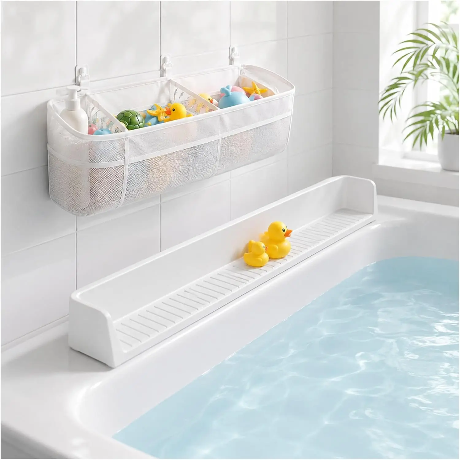 Bathtub Splash Guard with 11 Strong Suction Cups & 3-Compartment Bath Toy Organizer – Tub Water Splash Barrier with Large Storage Openings for Bath Toys, Bathroom Organization & Tub Accessories
