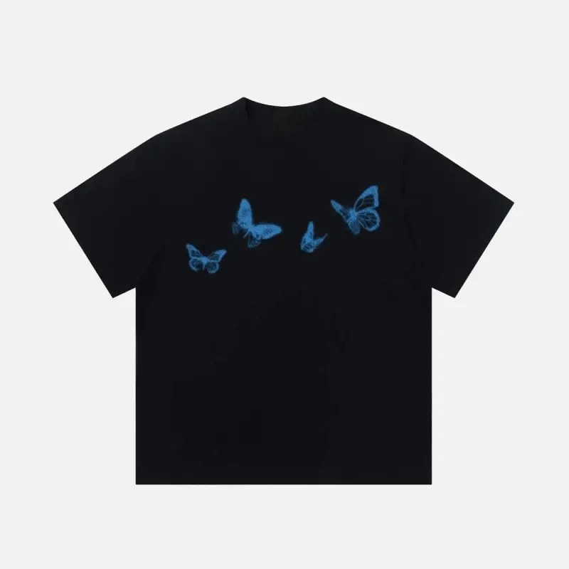 Aelfric Eden Blurring Butterfly Print Tee Oversized Fit Blurring Butterfly Graphic Psychedelic Print Y2K Unisex Streetwear Top Menswear Black, Butterflies, Shortsleeve