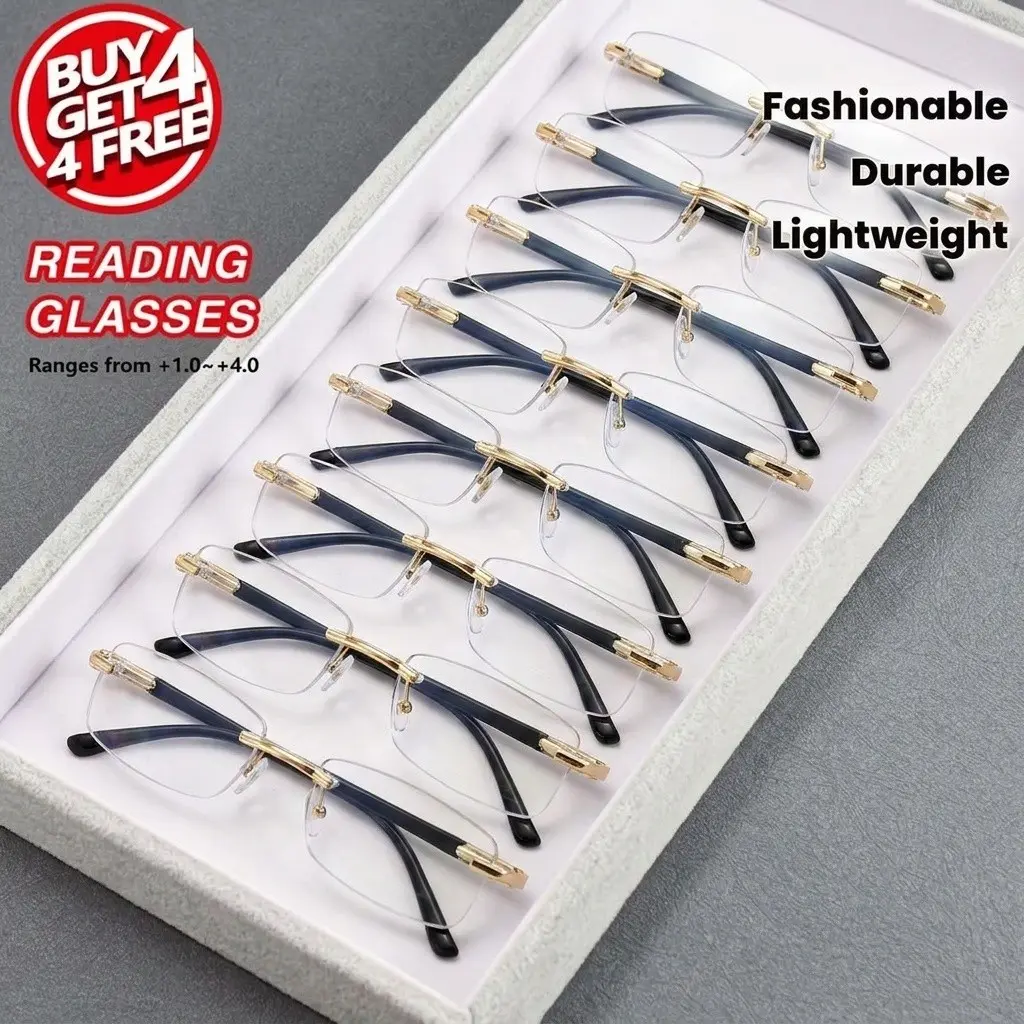 8pcs Frameless Rimless Reading Glasses for Men, Trim, Lightweight Rectangular HD Presbyopia Readers, Daily & Business Wear