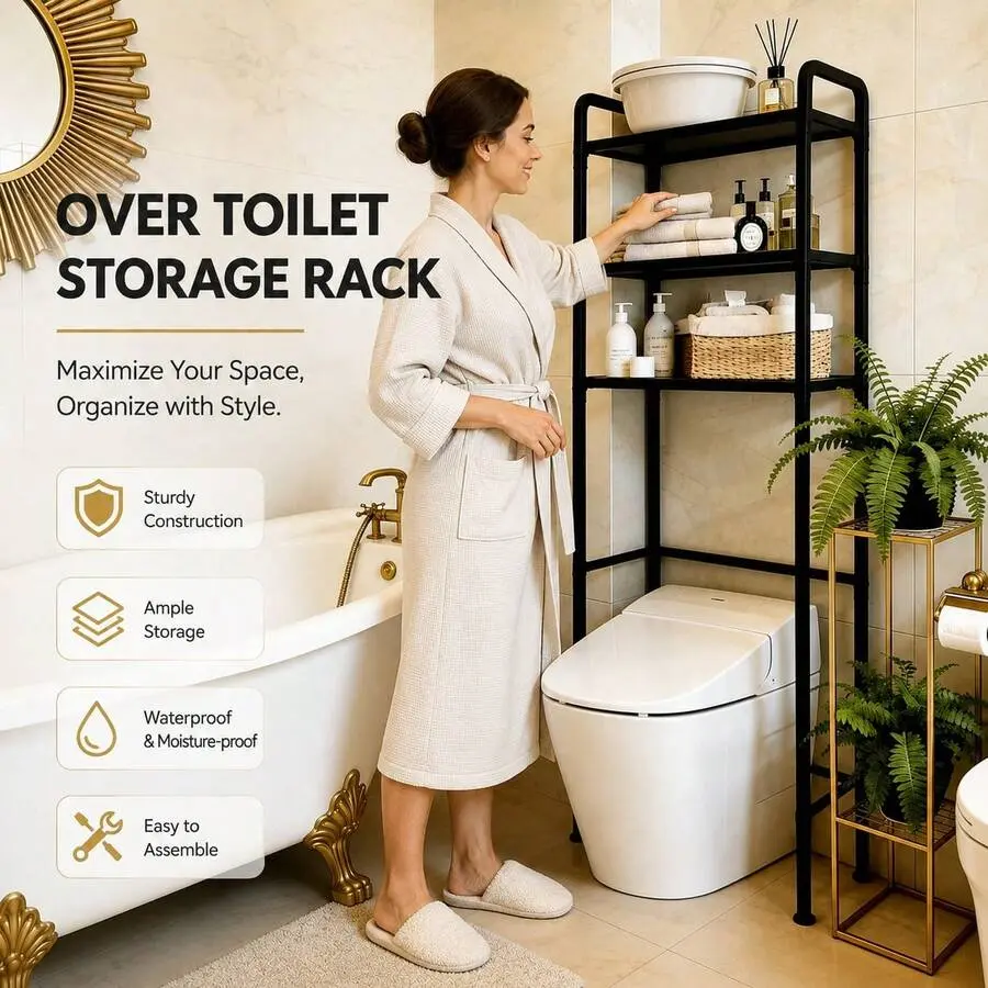 3-Tier Over-The-Toilet Storage Rack - White Bathroom Space Saver Organizer, 45*25*150cm 3-Tier Shelf, Indoor Use Single Unit Bathroom Supplies