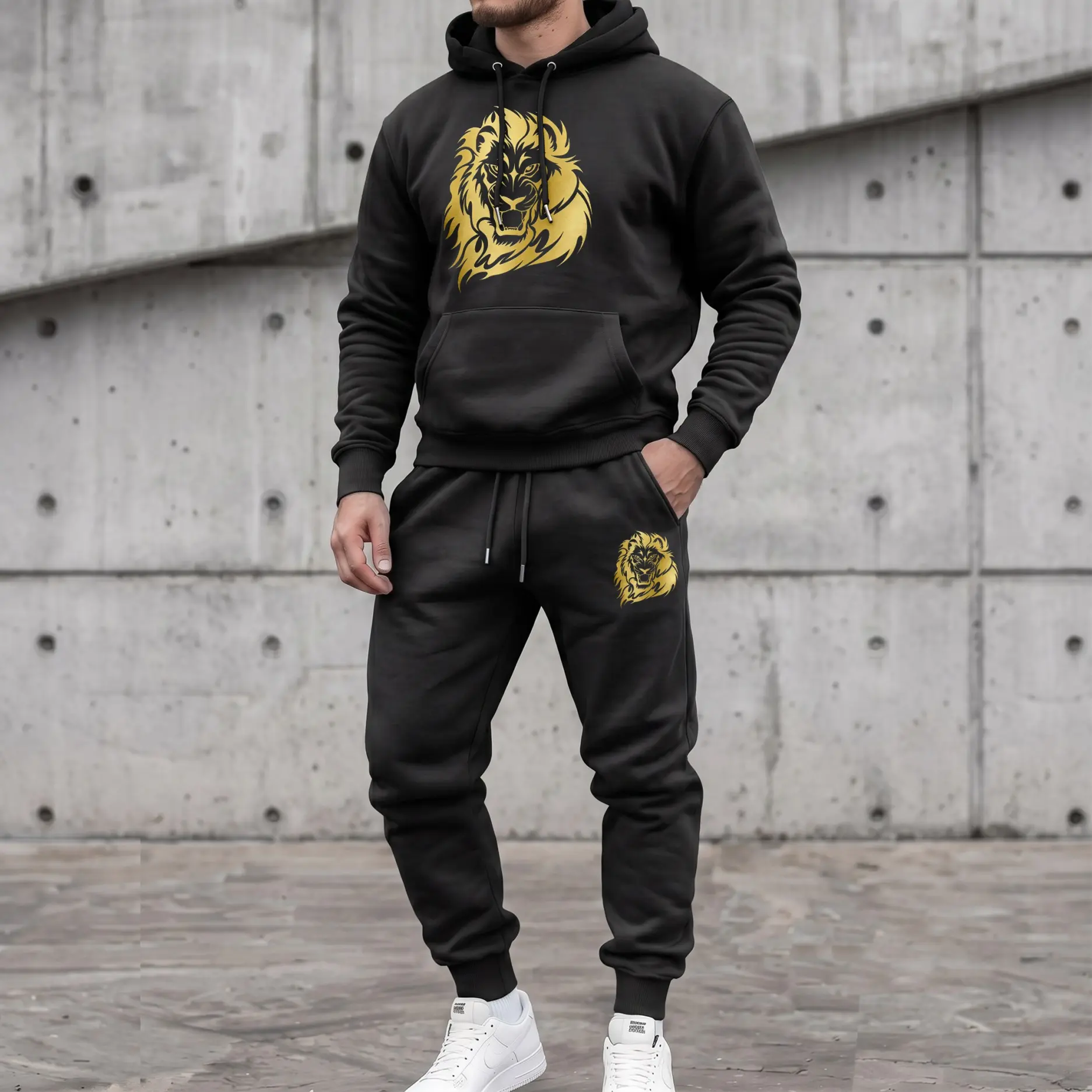 Men's Lion Graphic Hoodie and Sweatpants Set, Hip-Hop Long Sleeve Pullover & Drawstring Jogger Pants, Casual Athletic Tracksuit for Fall Winter, Daily Wear, Workout, Travel, Indoor Outdoor and Streetwear