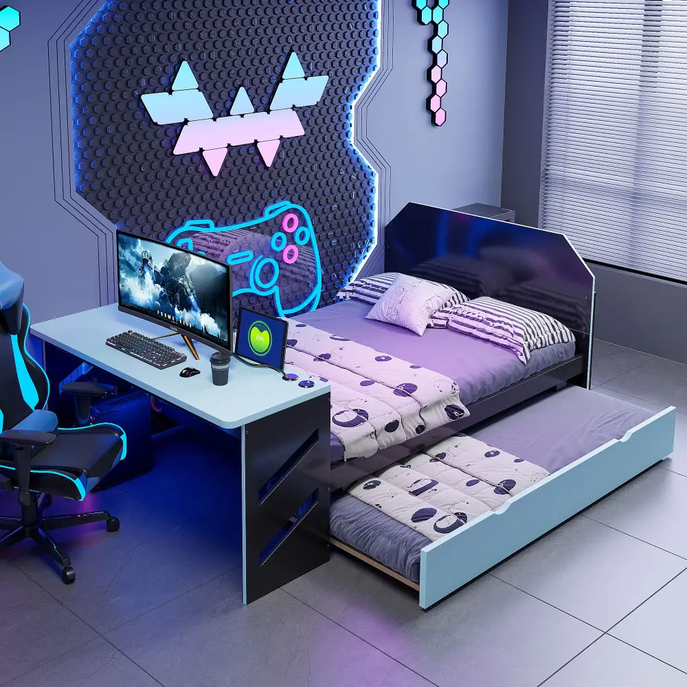Modern Twin Trundle Daybed with Built-in Desk, USB Port, Smart Storage - Easy Setup Space-Saving Indoor Bed Frame for Small Spaces, Extra Guest, Study Needs, Gaming Flair