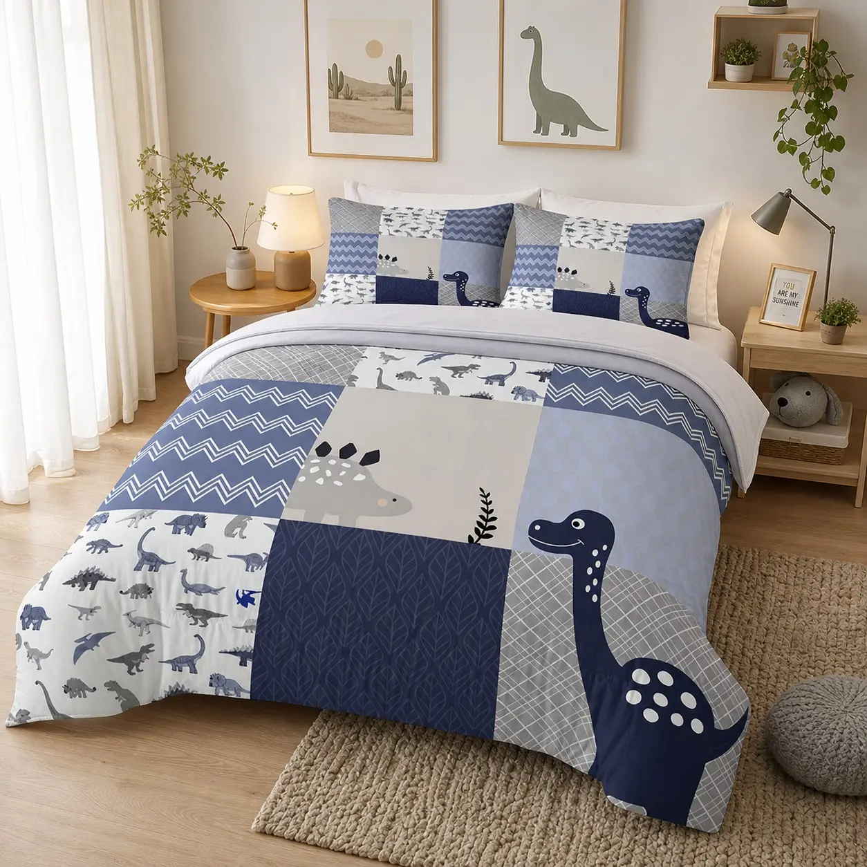 Cute Dinosaur Bedding Set, Blue Plaid Bed Linen, Cartoon Animal Quilted Comforter, Single, Twin, Queen Size, 3-Piece Set