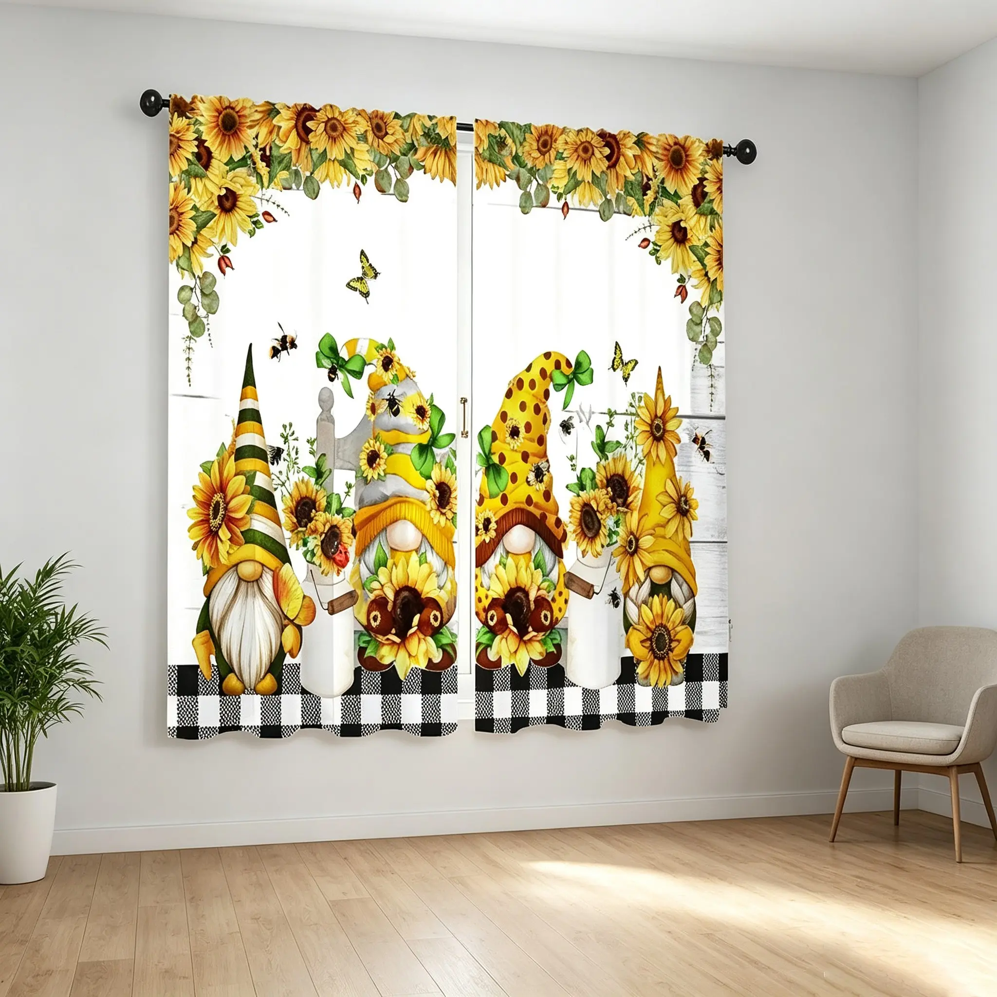 Country-style sunflower elf curtains, 2-piece polyester rod pocket curtains with semi-transparent 2D floral print, suitable for kitchen, living room, office, and bedroom