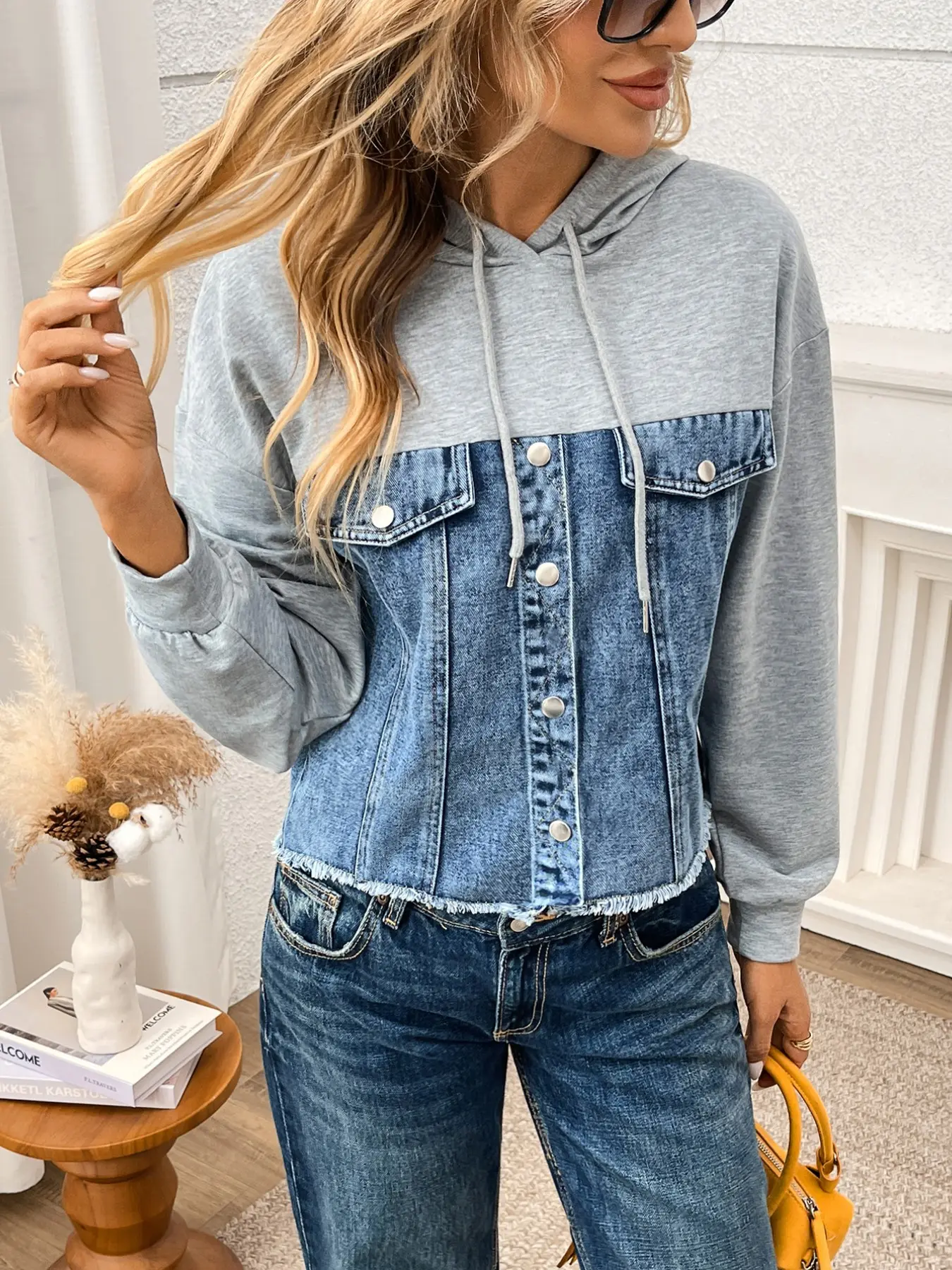 Women's Hooded Denim Patchwork Jacket, Casual Long Sleeve Single Button Frayed Edge Sweatshirt, Street Style Outerwear