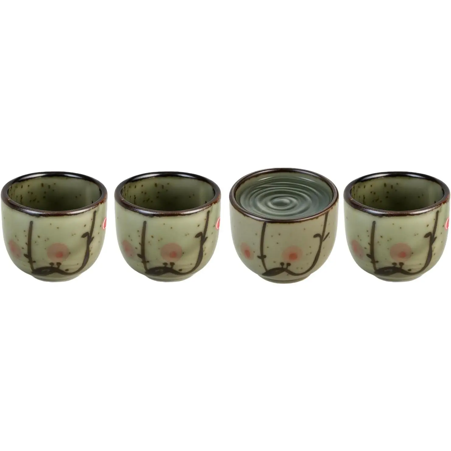 Japanese Style Porcelain Sake Cups Set of 4, Small Ceramic Sake Cup Set for Hot or Cold Sake, Traditional Sake Shot Cups for Sushi Bar, Asian Dining Drinkware, Green