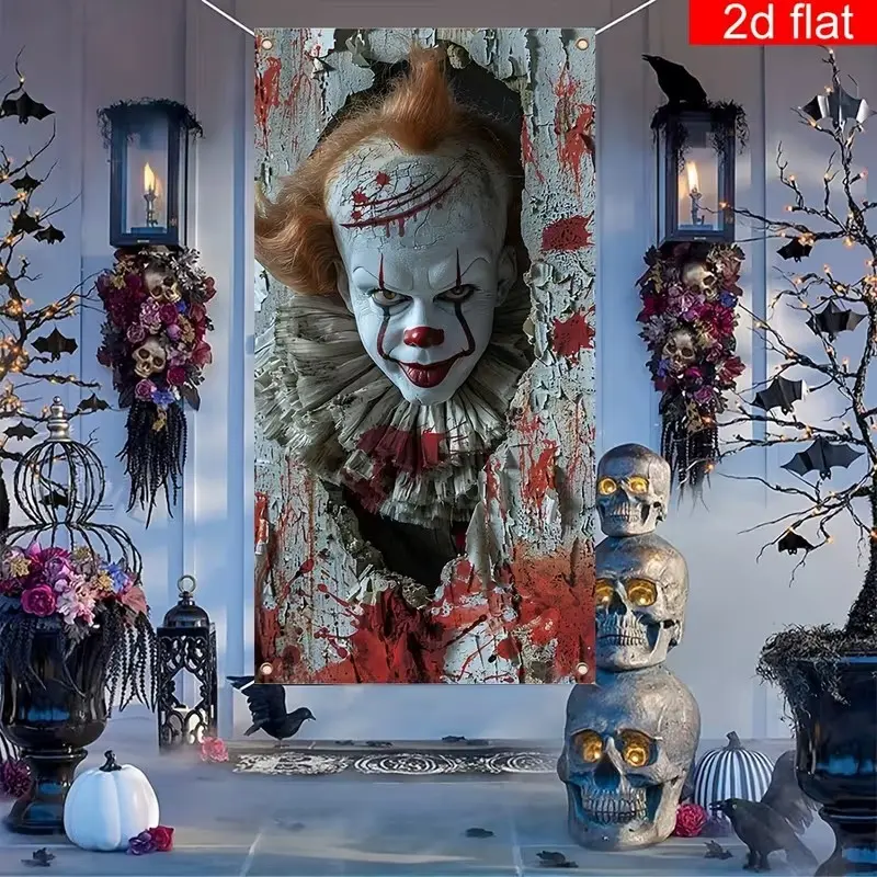 Halloween Creepy Clown Door Curtain, Pennywise Horror Banner, Pumpkin Bat Ghost House Decor, Outdoor Party Decoration