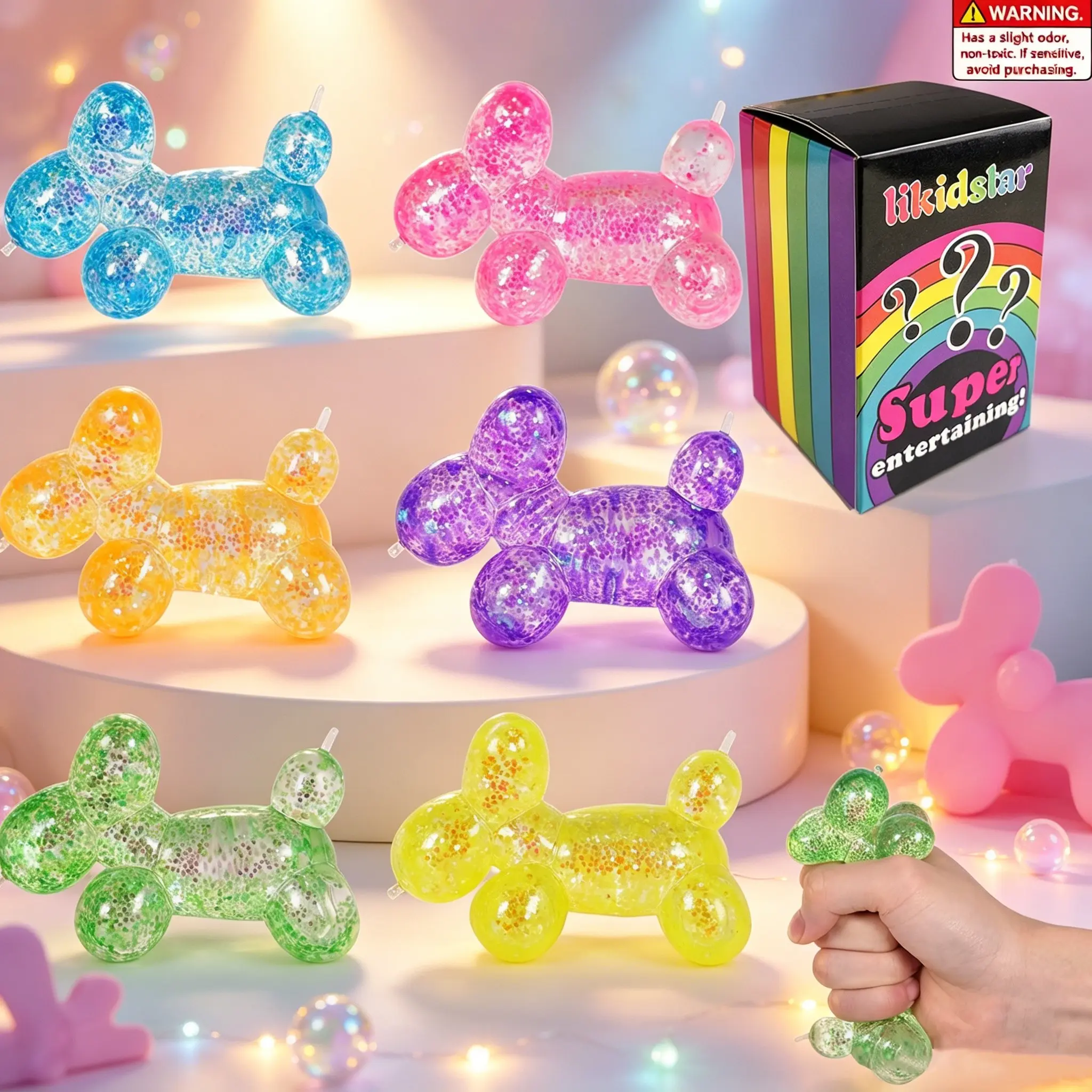 6pc Soft Squishy Sequin Little Dog Stress Balls, Sparkly Squishies, for Girls and Boys, Stress Ball Squishies, Cute Animal Squeeze Sensory Toys, Stretch and Squeeze Sugar Ball Sequin Little Dog Squishy Toys for Kids, Creative party and holiday gifts