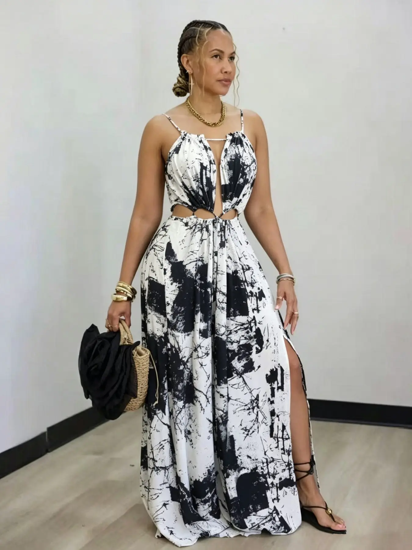 New D8781 Women's Sleeveless Backless Long Dress, Casual Fashionable Dress, Ink Wash Print Bodysuit, European and American Style, Cross-Border Fashion