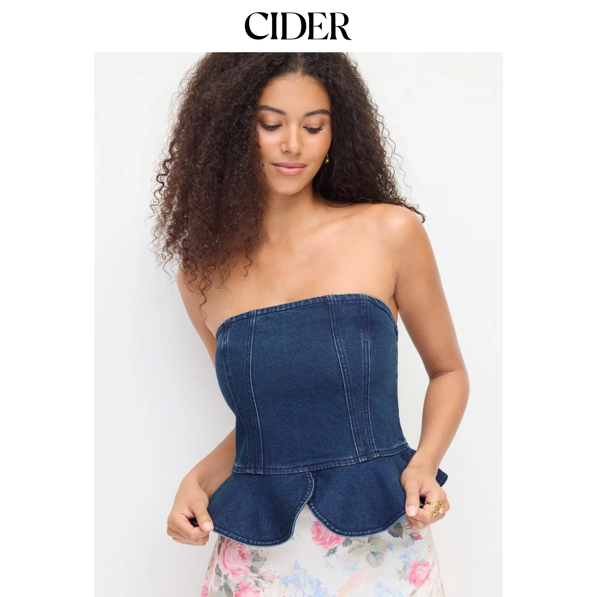 Cider Stretch Denim Strapless Peplum Hem Bandeau Top