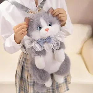 Realistic Fuzzy Cat Backpack, Chic Plush Shoulder Bag for Female Animal Lovers with a Double Strap & Built-in Organizer