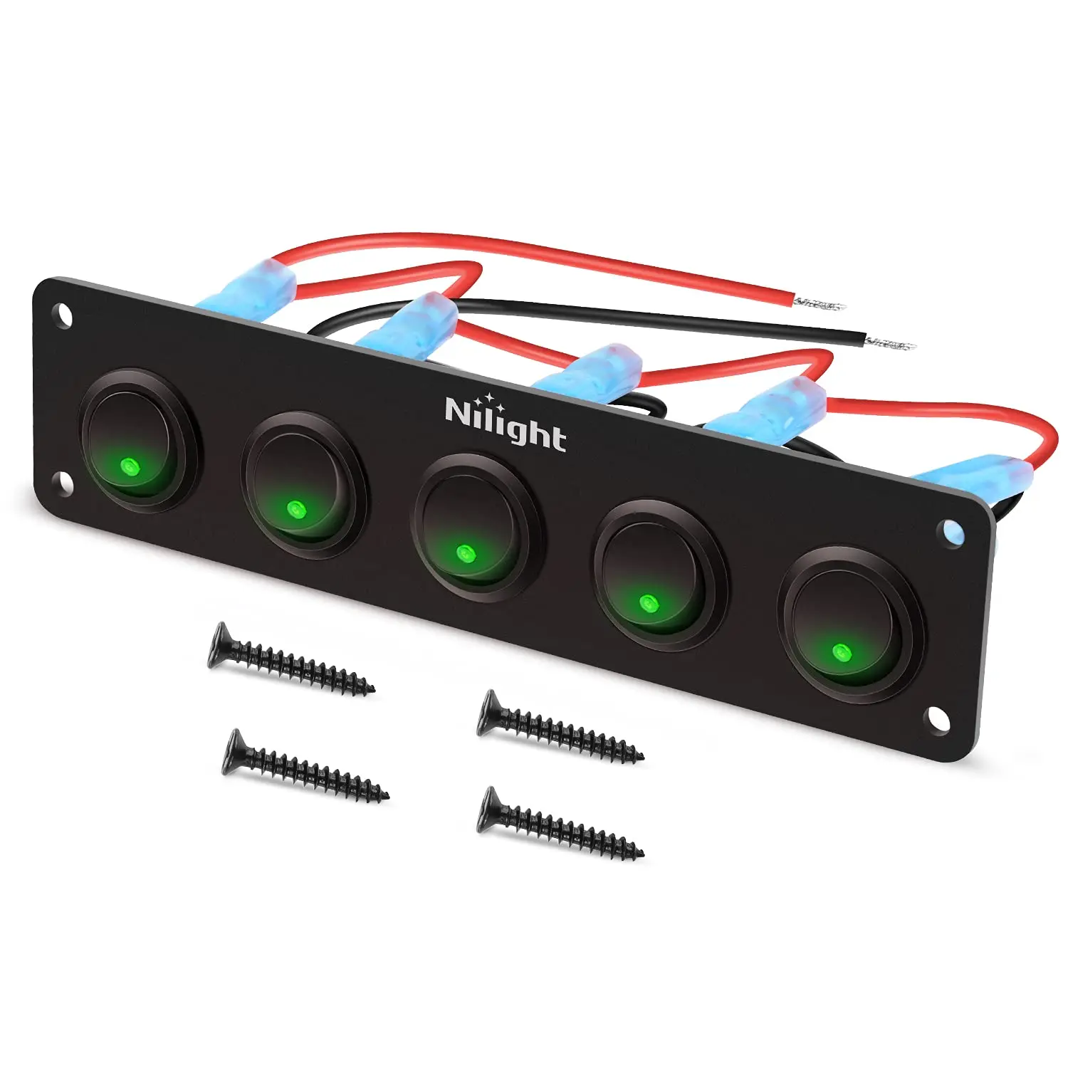 Nilight 5-Gang 3-Pin Rocker Switch Panel - 20A Waterproof 12V Green On-Off Toggle, Electrical Switch for Cars, Trucks, Lighting, Truck Accessories