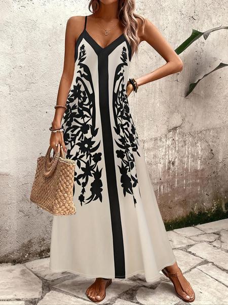 Women's casual seaside vacation loose spaghetti strap V-neck long printed dress, perfect for going out or wearing on the beach