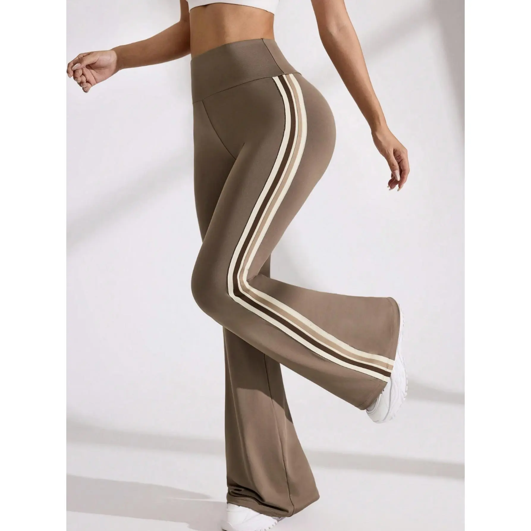 Women's High Waist Flare Pants, Casual Solid Design with Spliced Side Panel, Comfortable Stretch Fabric Bottoms, Flared, Stretchy, Clothes, Casual Pants, Stripe Detail, Polyester Knit, Mid Elasticity, Leg Fit Light, Machine Wash