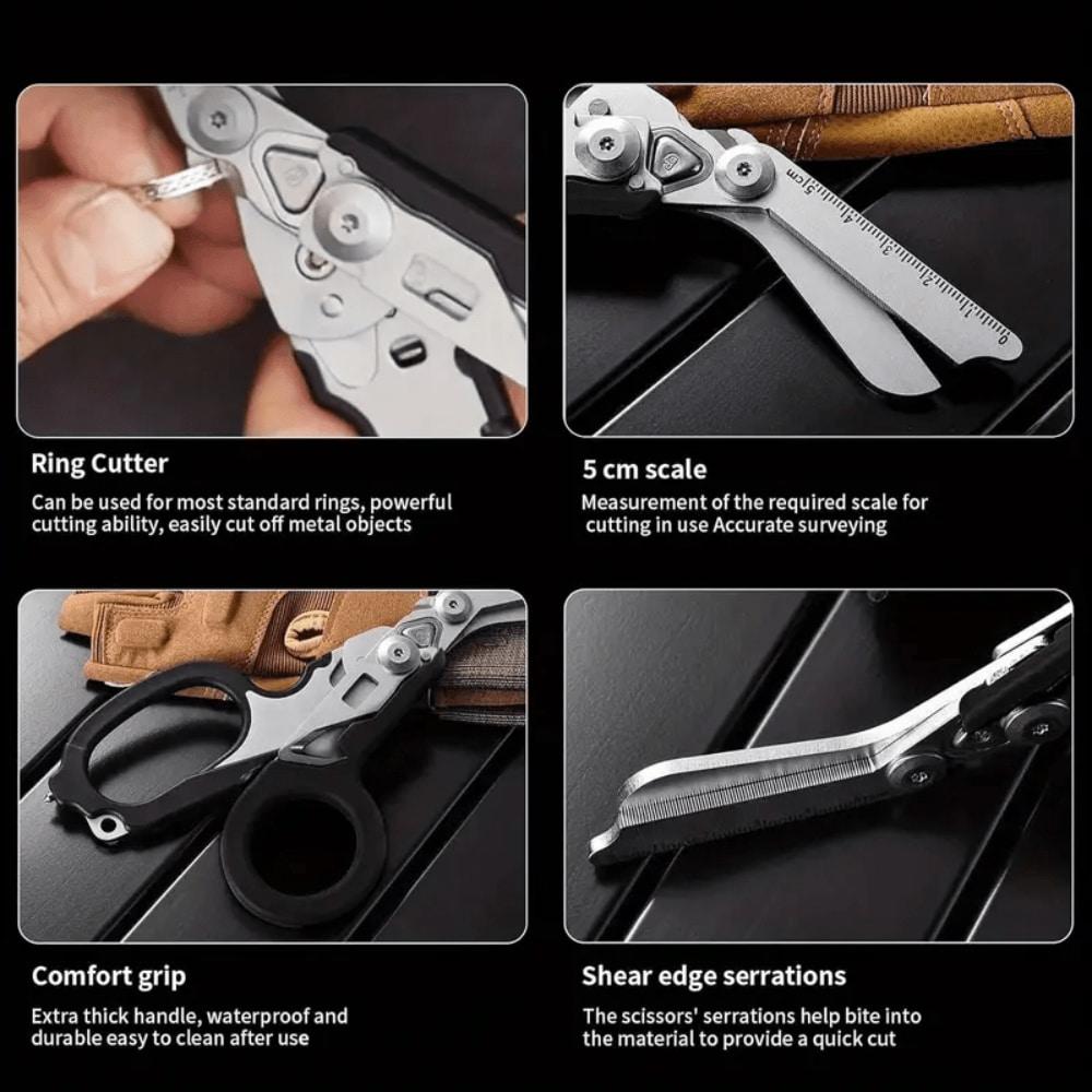 Stainless Steel Tactical Folding Scissors, Multifunctional Durable Outdoor Tool with Tape Cutter, Portable Scissor Sharpener Sheet Cutting Tool, Heavy Duty Scissor