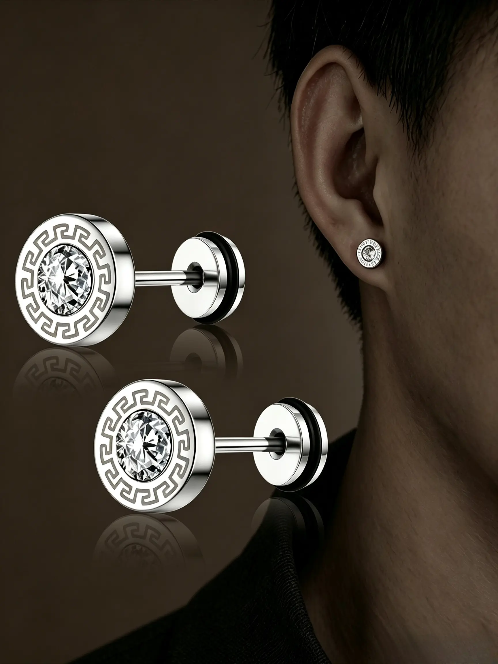 Men Round CZ Great Wall Pattern Stud Earrings, Stainless Steel Screw Back Ear Piercing, Tarnish Resistant Hypoallergenic Minimalist Street Statement Ear Jewelry Gift For Him