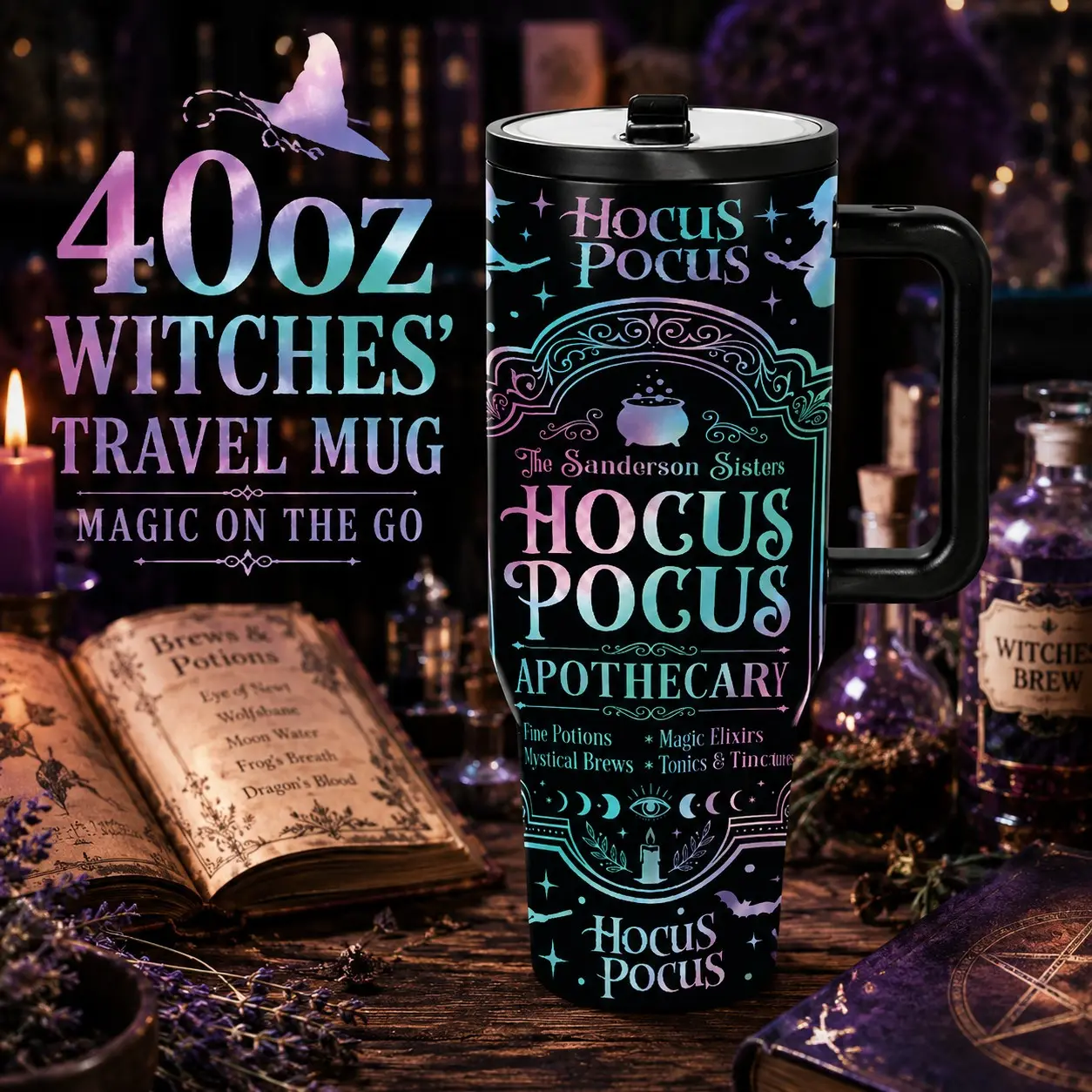 1 Pc 40oz Hocus Pocus Halloween Insulated Tumbler with Handle, Double Wall Vacuum Travel Mug, Leak-Proof Lid, Keeps Cold 24hrs & Hot 12hrs, Witch Magic Potion Design Coffee Cup, Perfect Gift for Halloween, Party, Office, Travel & Daily Use