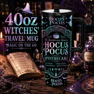1 Pc 40oz Hocus Pocus Halloween Insulated Tumbler with Handle, Double Wall Vacuum Travel Mug, Leak-Proof Lid, Keeps Cold 24hrs & Hot 12hrs, Witch Magic Potion Design Coffee Cup, Perfect Gift for Halloween, Party, Office, Travel & Daily Use