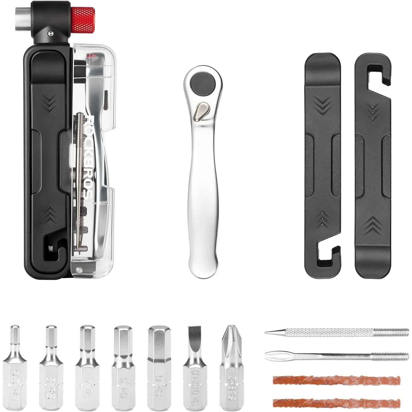 ROCKBROS Compact Bike Tool Kit, Portable Alloy Steel Set with 7 Magnetic Bits Ratchet Wrench, Tire Levers, CO2 Inflator Nozzle – Ideal for Road Cycling, MTB Emergencies, Unisex
