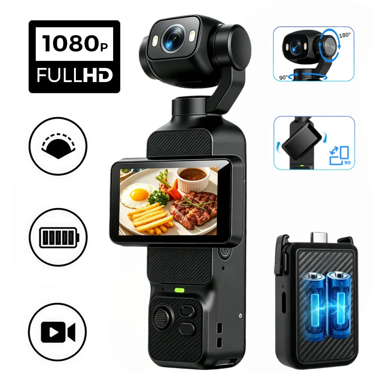 Flip-Screen 1080P Vlogging Camera, Rotating Lens for Selfie, Integrated LED Fill Light + Battery Handle – Great for Action, Travel & Creators, Featuring WiFi, Compact Build, and Versatile Angle Options.
