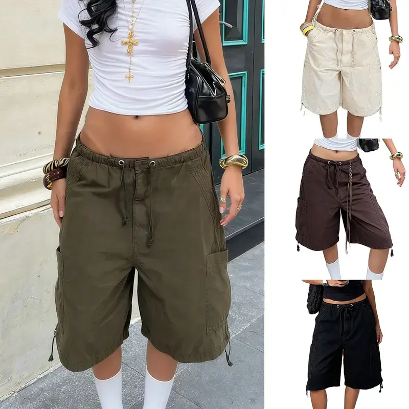 Women’s Denim Cargo Shorts, Drawstring Elastic Waist Jean Shorts, Loose Fit Casual Summer Shorts for Women, Comfortable Lightweight Streetwear, Multi Pocket Everyday Outfit Essential