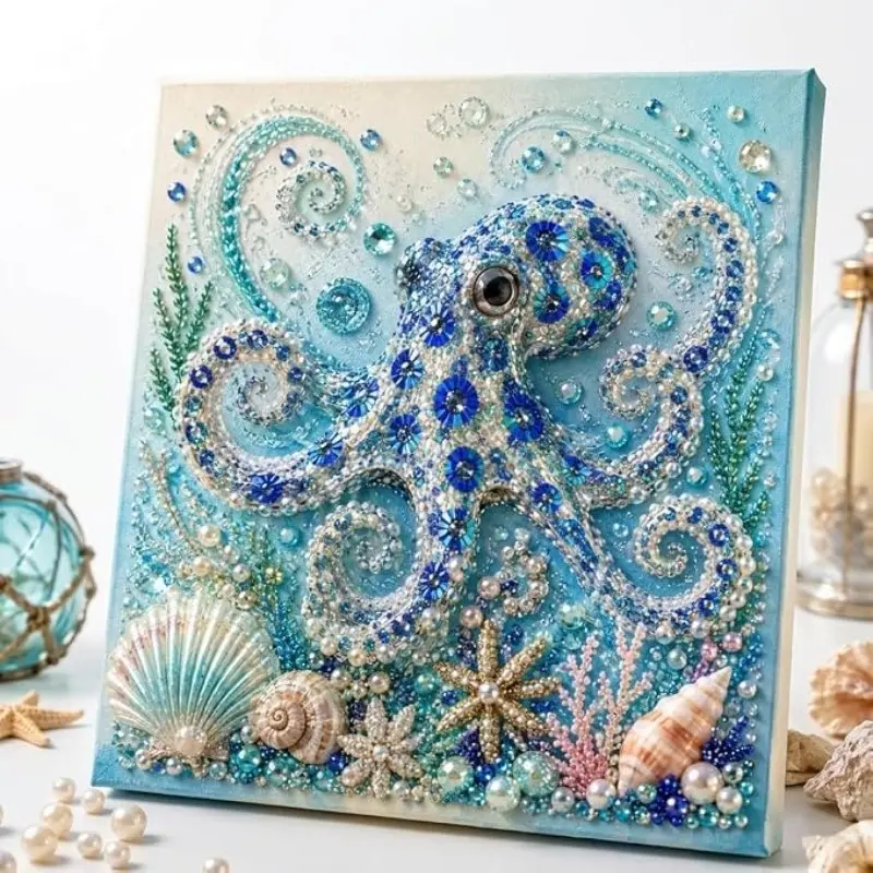 Ocean Theme Pearl Art DIY Kit, Octopus DIY Pearl Painting Kit, Ocean Diamond Art for Adults & Beginners, Sparkling Coastal Wall Decor