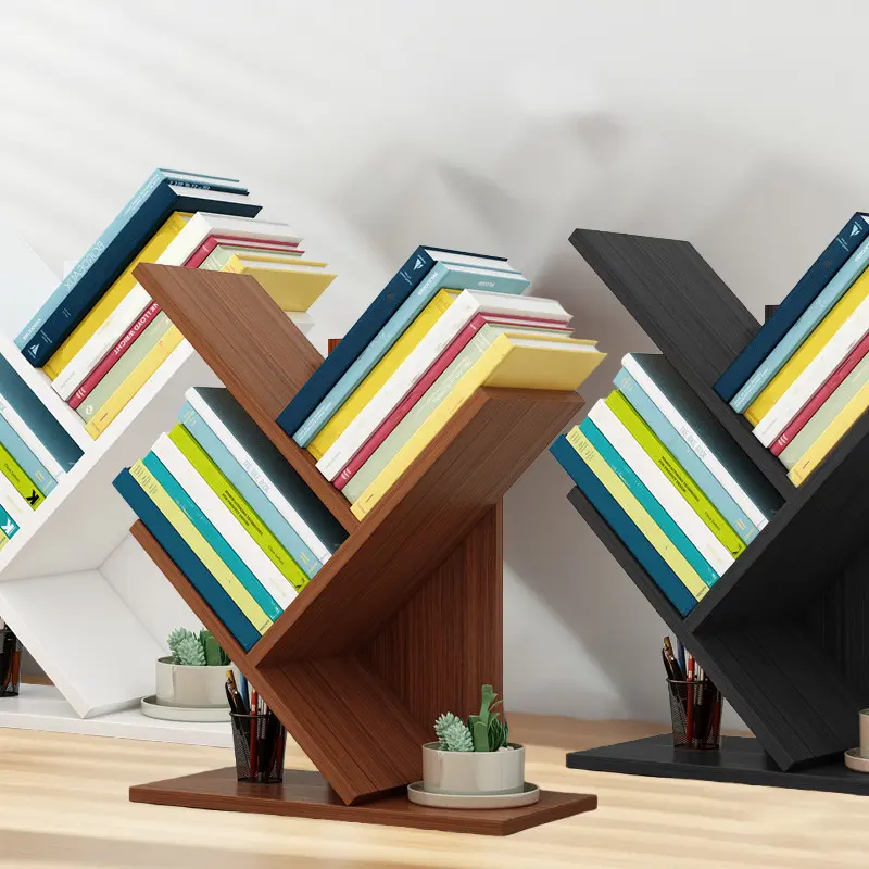 Tree-shaped bookshelf, a three-layer wooden small bookshelf, mini bookshelf, suitable for office, home or school desks, a wooden storage rack for displaying books, CDs and magazines