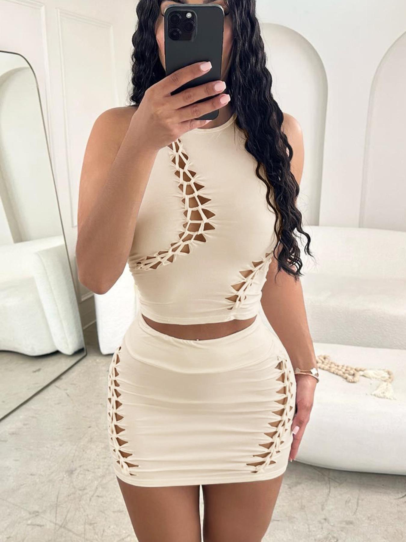 Women's Solid Hollow Out Crop Tank Top & High Waist Bodycon Skirt Set, Casual Fashion Cozy Round Neck Top & Skirt for Daily Outdoor Wear, Women's Clothing for Summer