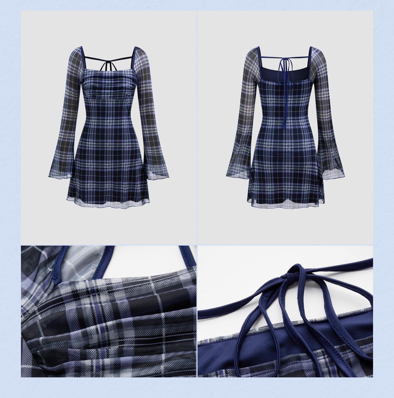 Cider [size 0-10] Mesh Square Neck Check Knotted Mini Dress