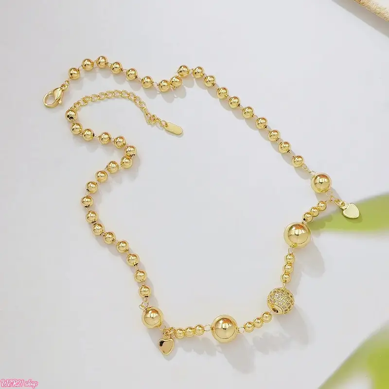 [WER21]Gold Beaded Ball Chain Necklace, 14K Gold Plated Heart Charm & Sparkly Rhinestone Beaded Necklace, Delicate Adjustable Layering Jewelry Gift for Women
