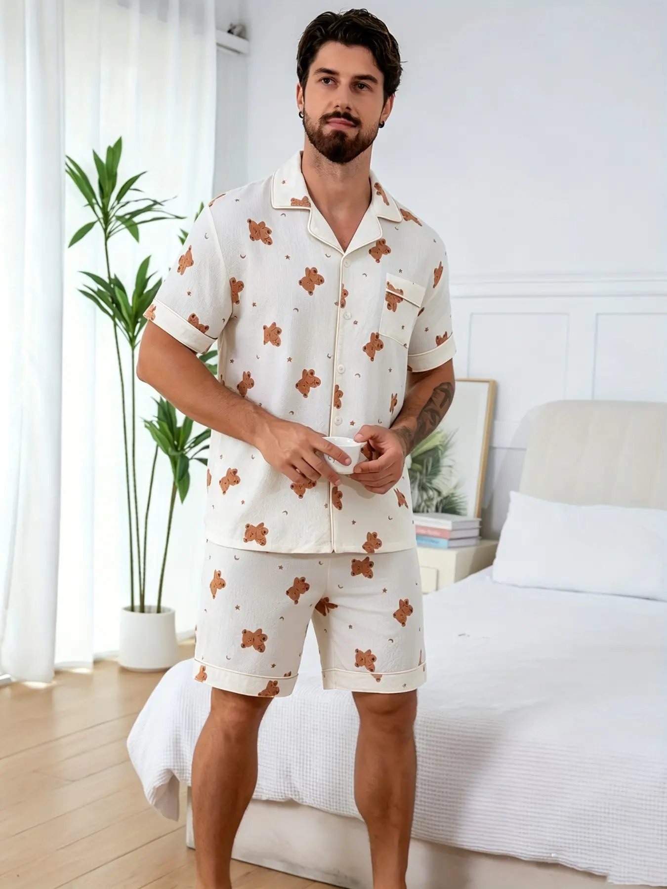 Men Cute Cartoon Bear Star Print Short Sleeve Pajama Set, Lapel Button Sleep Shirt + Loose Casual Shorts, Soft Breathable Loungewear, Sweet Casual Indoor Nightwear for Summer Daily Home Wear.