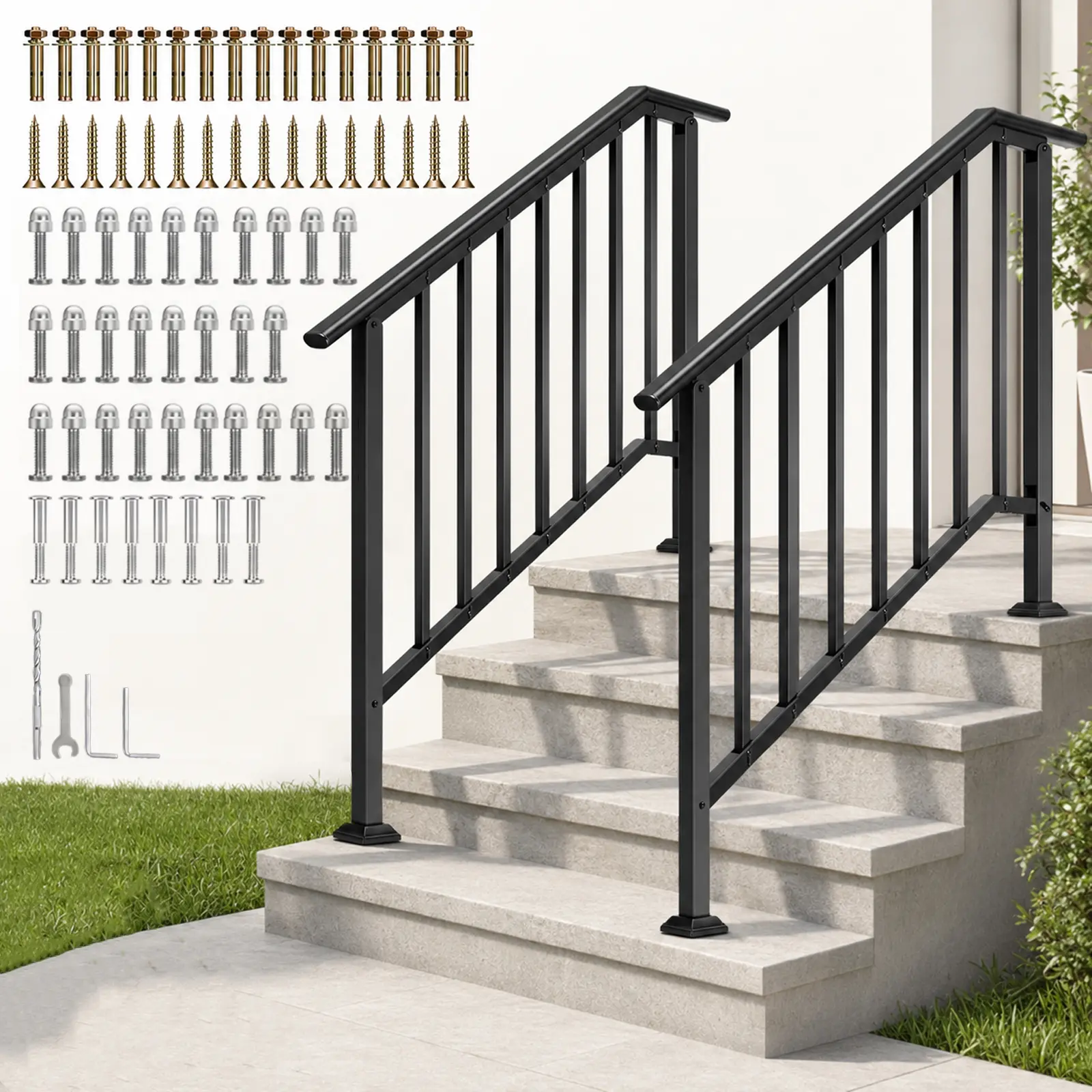 2-Pack Black Steel Handrail Set, Safety Railings for Outdoor 4-Step Porch Deck Steps