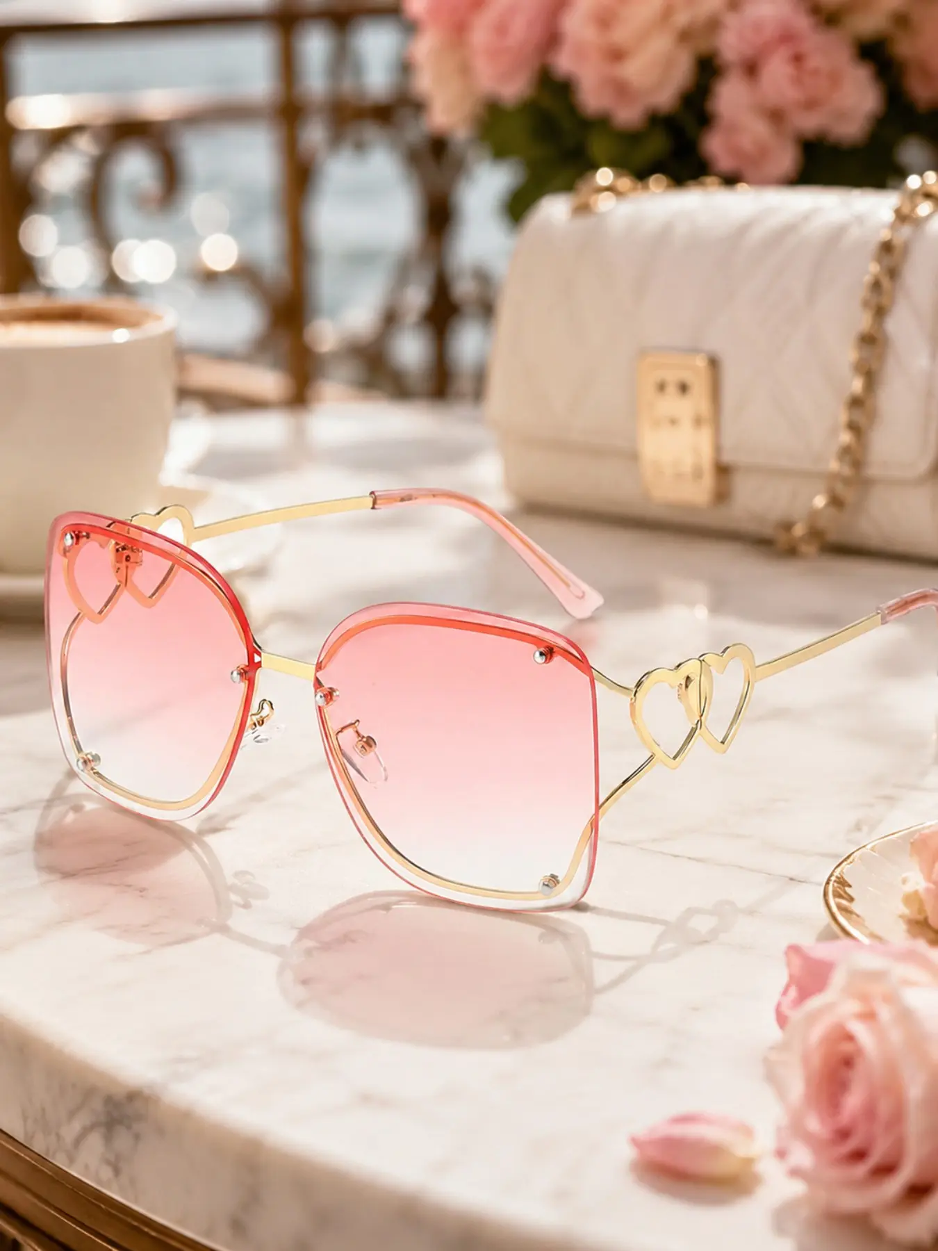 1 Pair Oversized Rimless Square Sunglasses for Women, Pink Gradient Lenses with Gold Tone Double Heart Temple Detail, Trendy Y2K Coquette Fashion Shades for Back to School Outfits, Daily Wear and Outdoor Travel