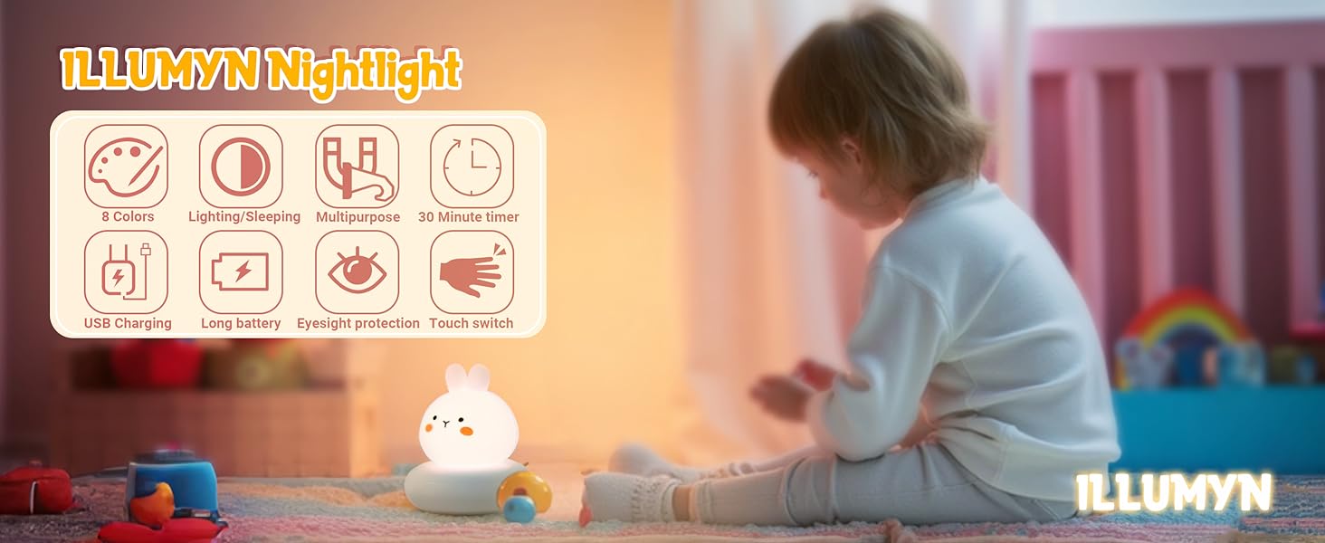 Kids Lamp Bunny Night Light Toddler Night Light Rechargeable Dimmable with 30 mins Timer Function Safe Silicone Material for Kids to Play with
