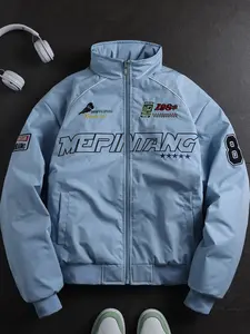 Men's Vintage Embroidered Racing Flight Jacket, Oversized Letter Print, Y2K Streetwear Style, Quilted Lightweight, Winter Warm Outerwear, Coats