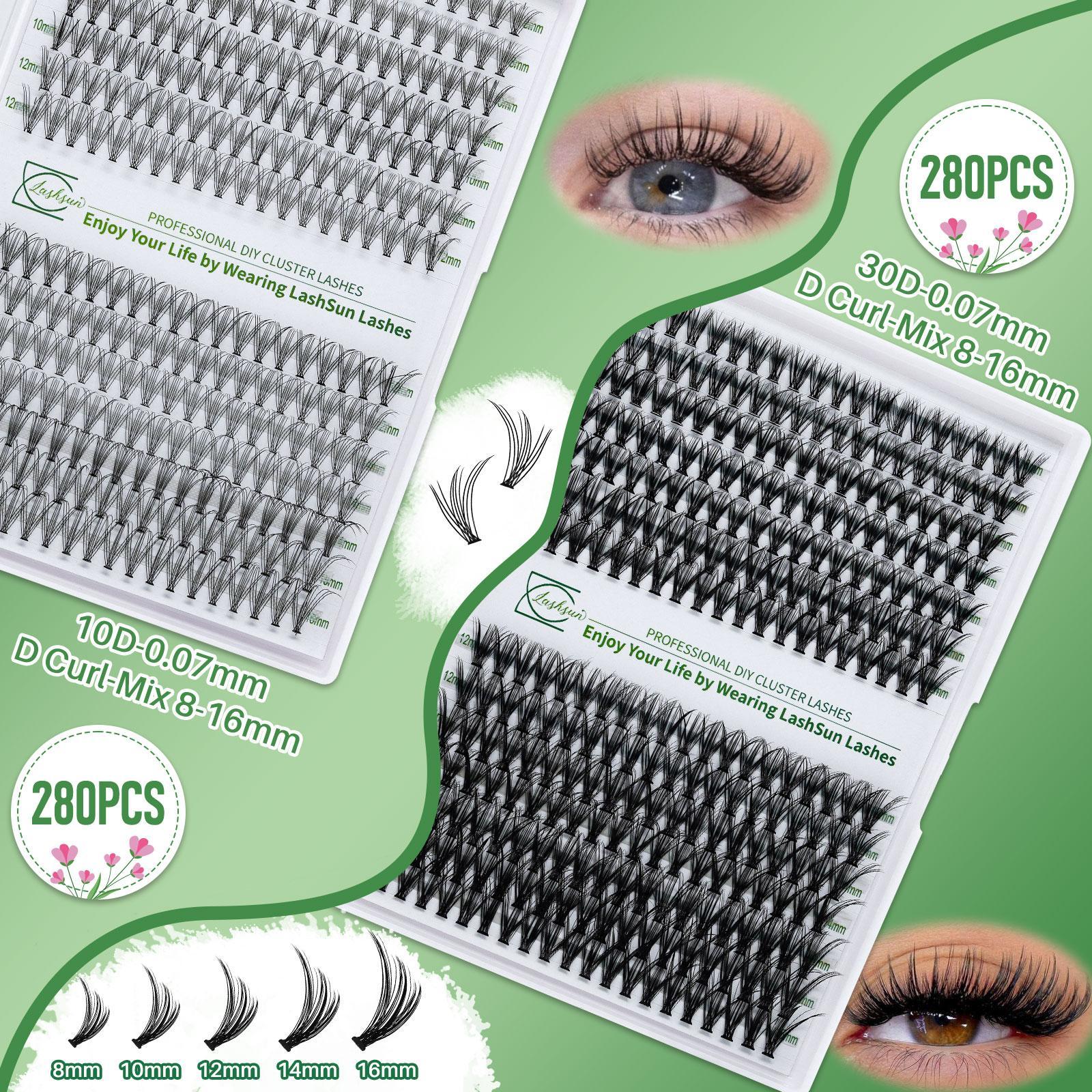 Eyelash Extension Kit, 280-Piece False Eyelash Set with 2 Glues, 2 Eyelash Removers, 2 Tweezers and 2 Brushes, Professional DIY Lash Cluster Eye Makeup Tool