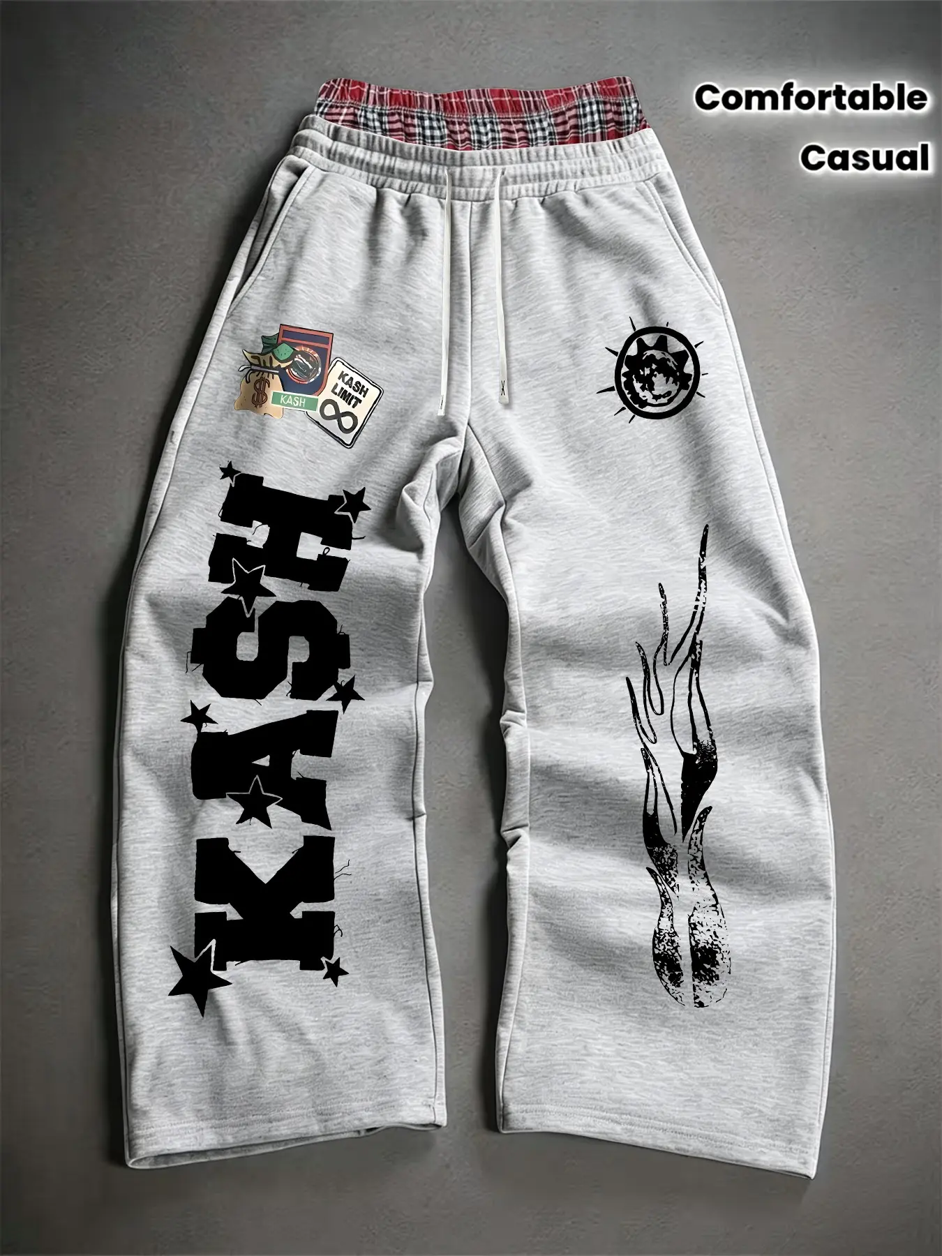 Double Layer Colorblock Waist Wide Leg Sweatpants, Kash Star Letter Sticker Print, Vintage Flame Sun Totem Print, Drawstring Elastic Waist