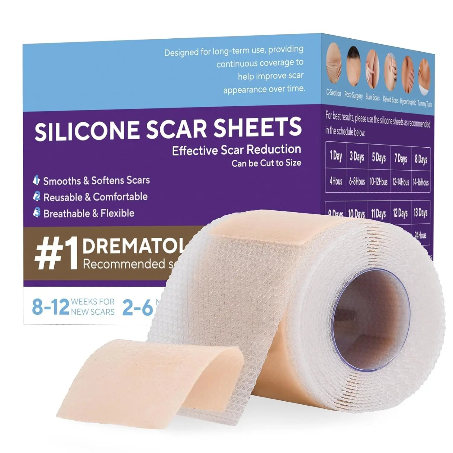 Silicone Scar Sheets (1.6"x 60" Roll-1.5m), Advanced Scar Strips for Surgical C-Section Tummy Tuck Burn Hypertrophic Keloid Bump Removal Treatment Reusable