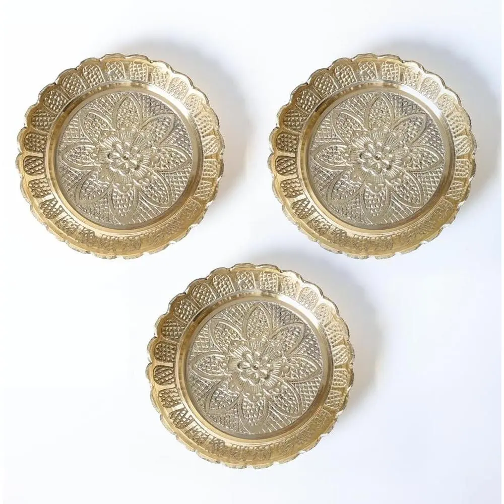 Solid Brass Decorative Nakshi Plate Set for Puja, Decoration & Diwali Gifting (Large 11 cm, Pack of 3, Solid Brass)
