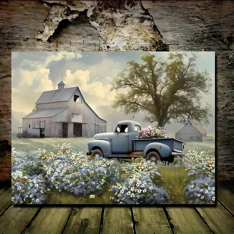 Country-Style Light Blue Truck And Barn Canvas Wall Art - Framed, Ready To Hang - For Living Room Bedroom - Perfect Gift For Housewarming Christmas New Year - Wall Decor, Home Decoration