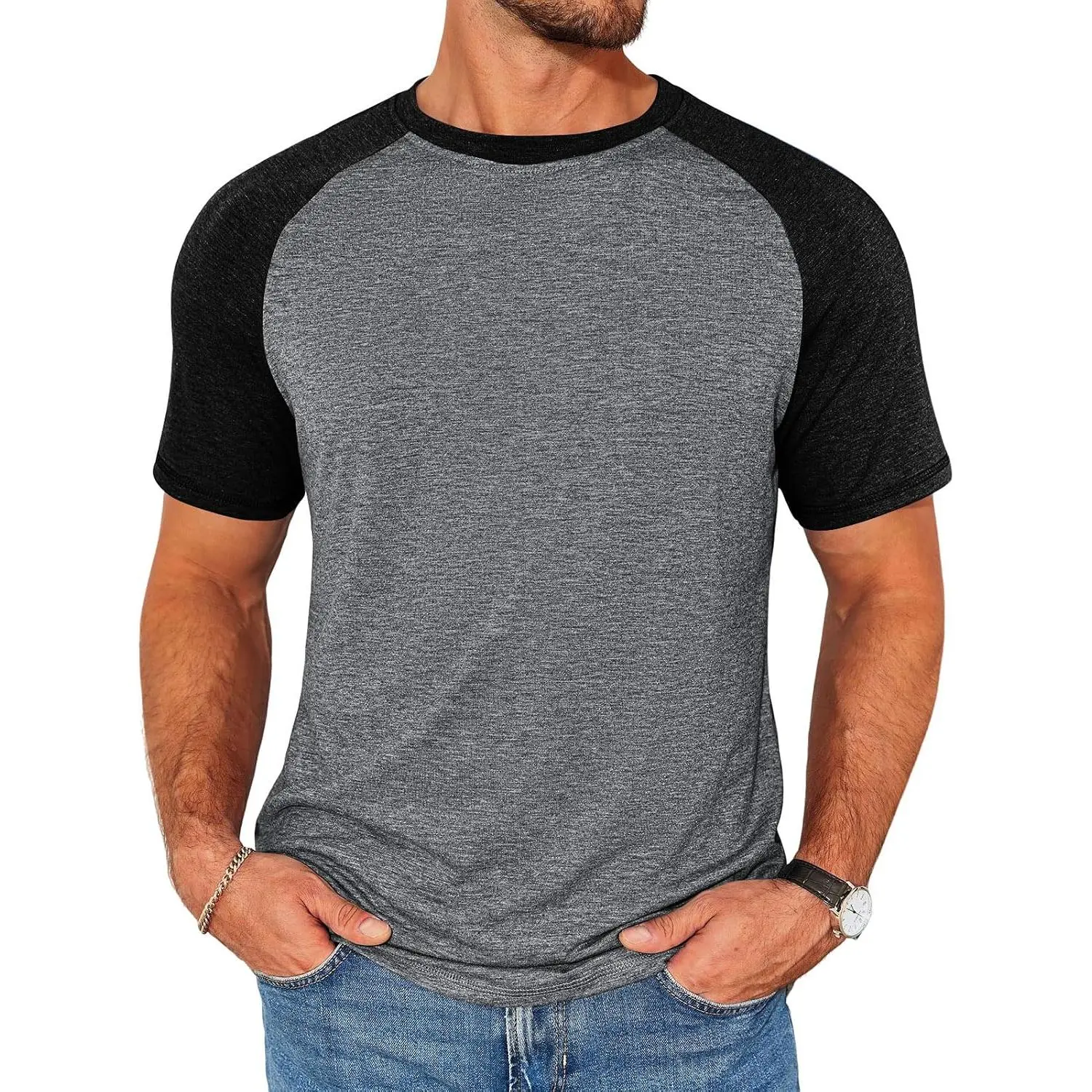 Menswear Mens Casual Slim-Fit Raglan Short-Sleeve Crewneck Color-Block T-Shirts, Workout Fashion Top for Day Wear Pairing with Sweatpants & Sneakers to Elevate Vibe