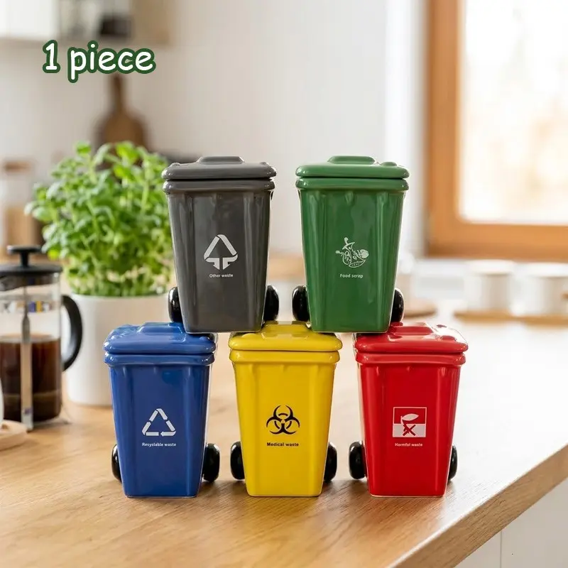 ✨ Premium Ceramic Material｜Funny Aesthetic Recycling Bin Water Cup With Lid｜1 Pc Trash Can Coffee Mug