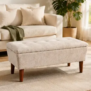 ARCH 42 Inch Rectangular Linen Ottoman Bench, Modern Low Footrest Stool with Solid Wood Tapered Legs, Multi-Use Entryway Shoe Bench & End of Bed Bench for Living Room, Bedroom, Hallway, Upholstered Storage Seat Furniture, Home Furniture and
